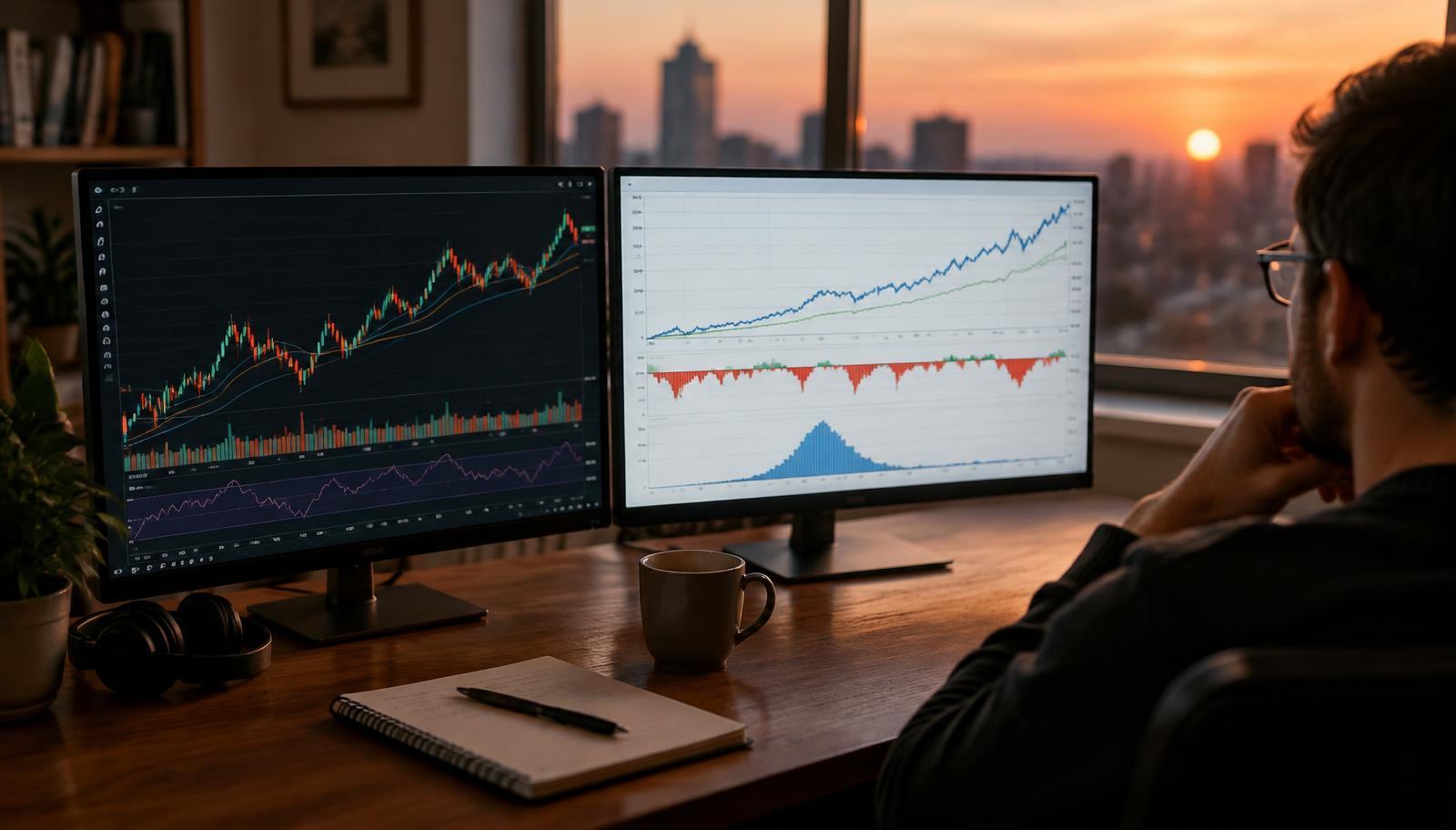 Analyst reviewing historical price charts and a backtest equity curve
